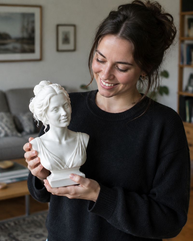 Custom 12 inch marble-finish portrait bust, hand-sanded and lacquered, held by a smiling woman